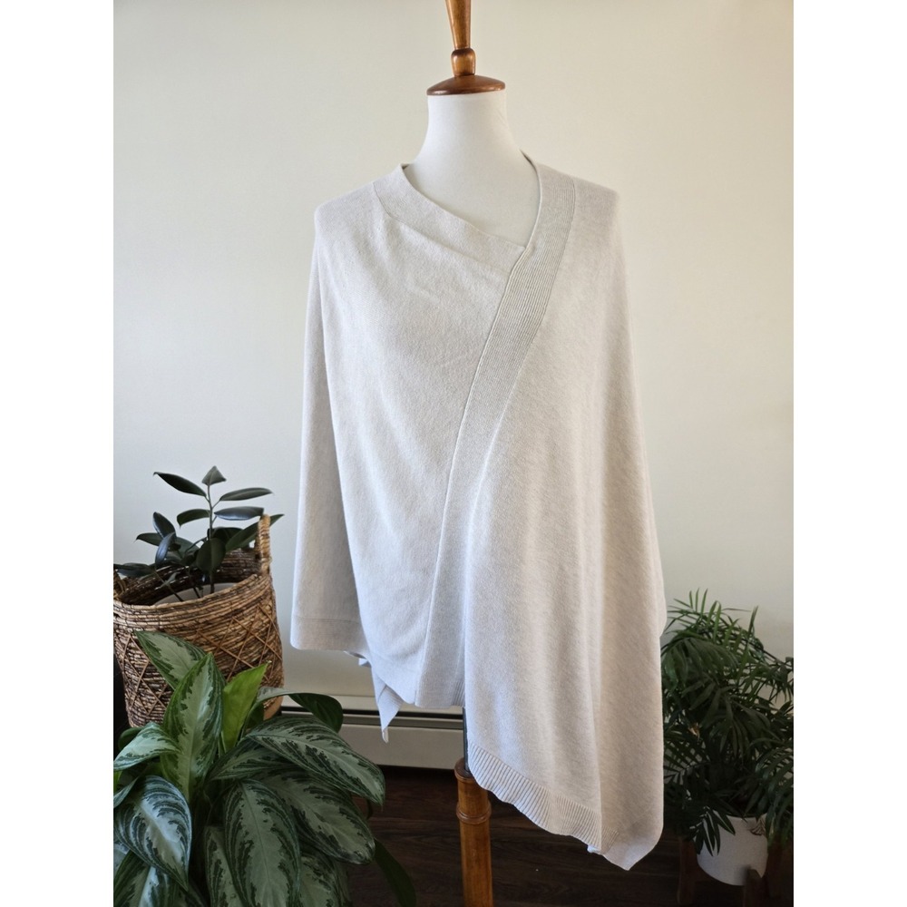 J Jill Women's Poncho Rib Knit Asymmetric Cotton Blend One Size Heathered Cream